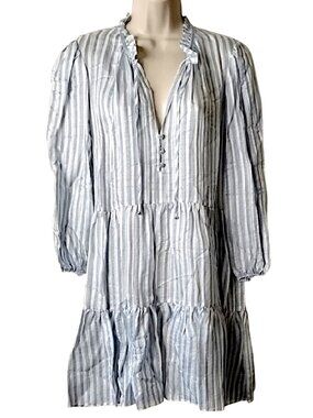 NWT $495 Veronica Beard Hawken Silk Linen Striped Mini Dress 12 Blue White